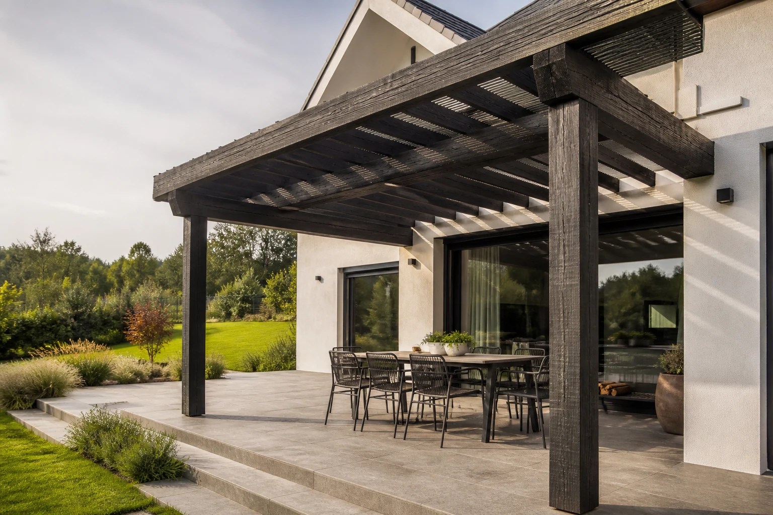 Moderní zahradní pergola s prvky z tmavého opáleného dřeva