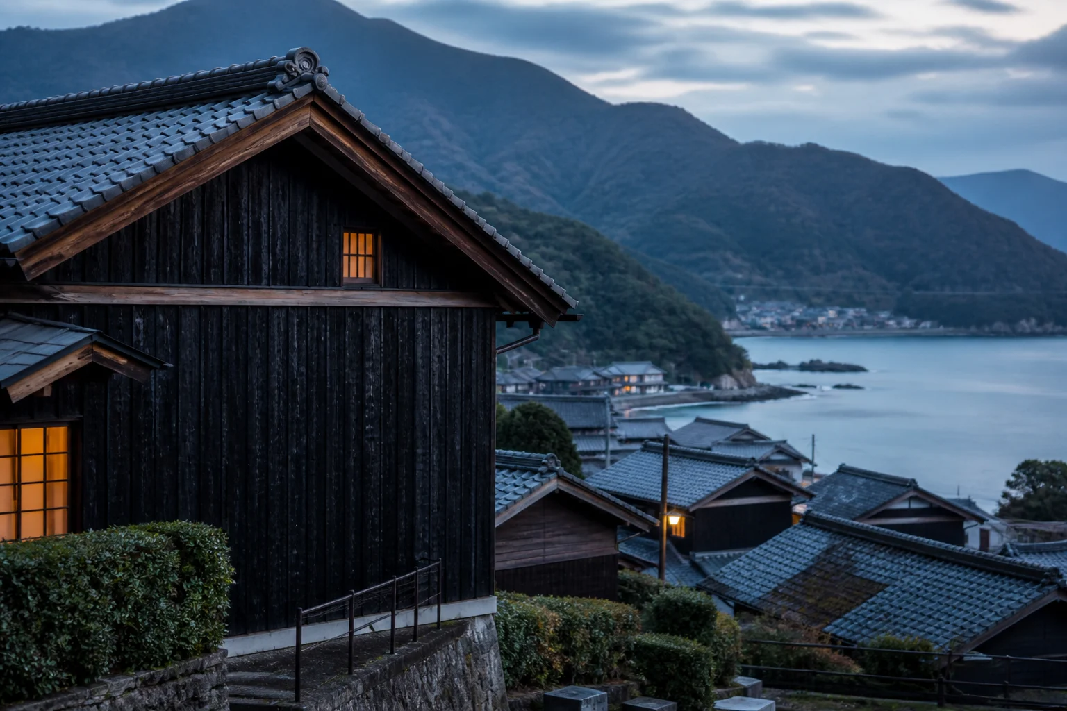 Tradiční japonský dům s tmavým dřevěným obkladem nad pobřežní vesnicí